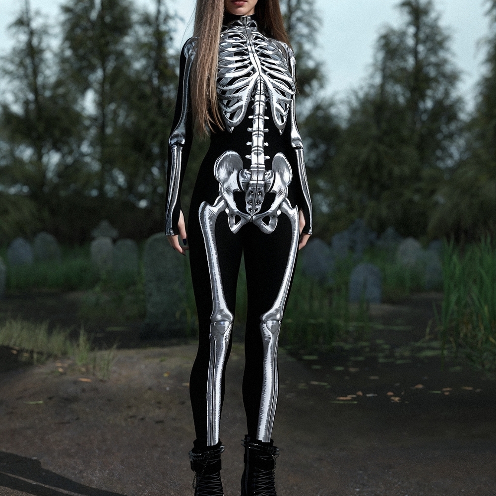 Candy Catz Silver Skeleton Catsuit Bodysuit M
